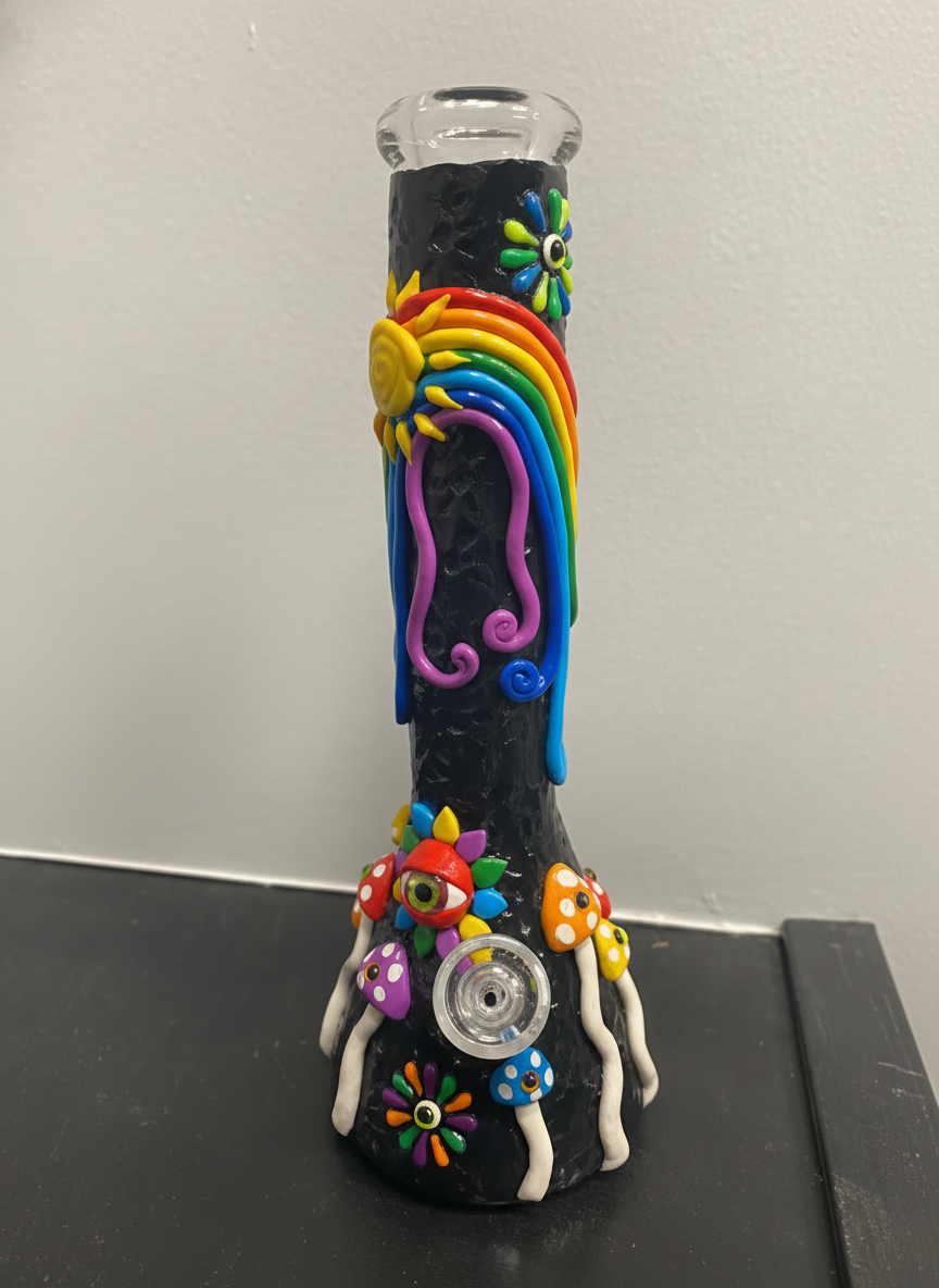 BEAKER BONG - Rainbow mushrooms with eyes and GITD leaves - BLACK