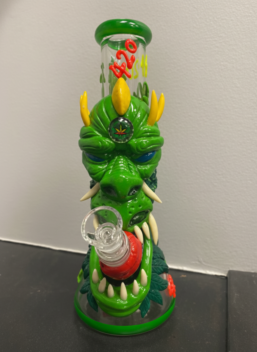 BEAKER BONG - Ogre with cannabis leaves - GREEN