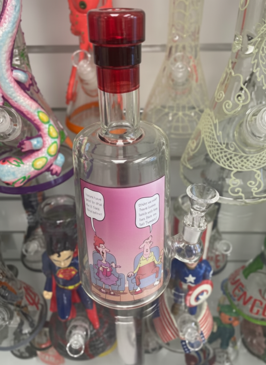 BEAKER BONG - Bottle-Shaped Bong With Cartoon Graphic - CLEAR