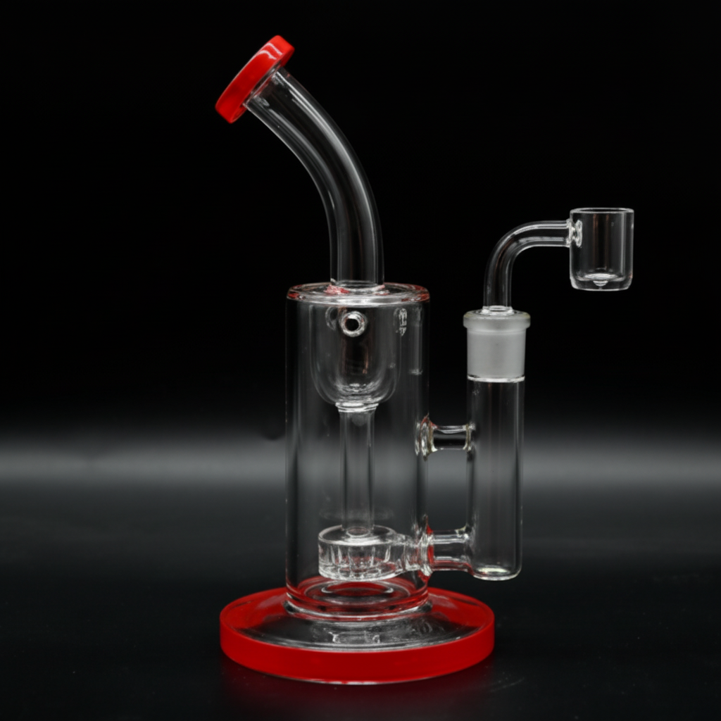 STRAIGHT BONG – Clear rig with curved neck red rings – RED