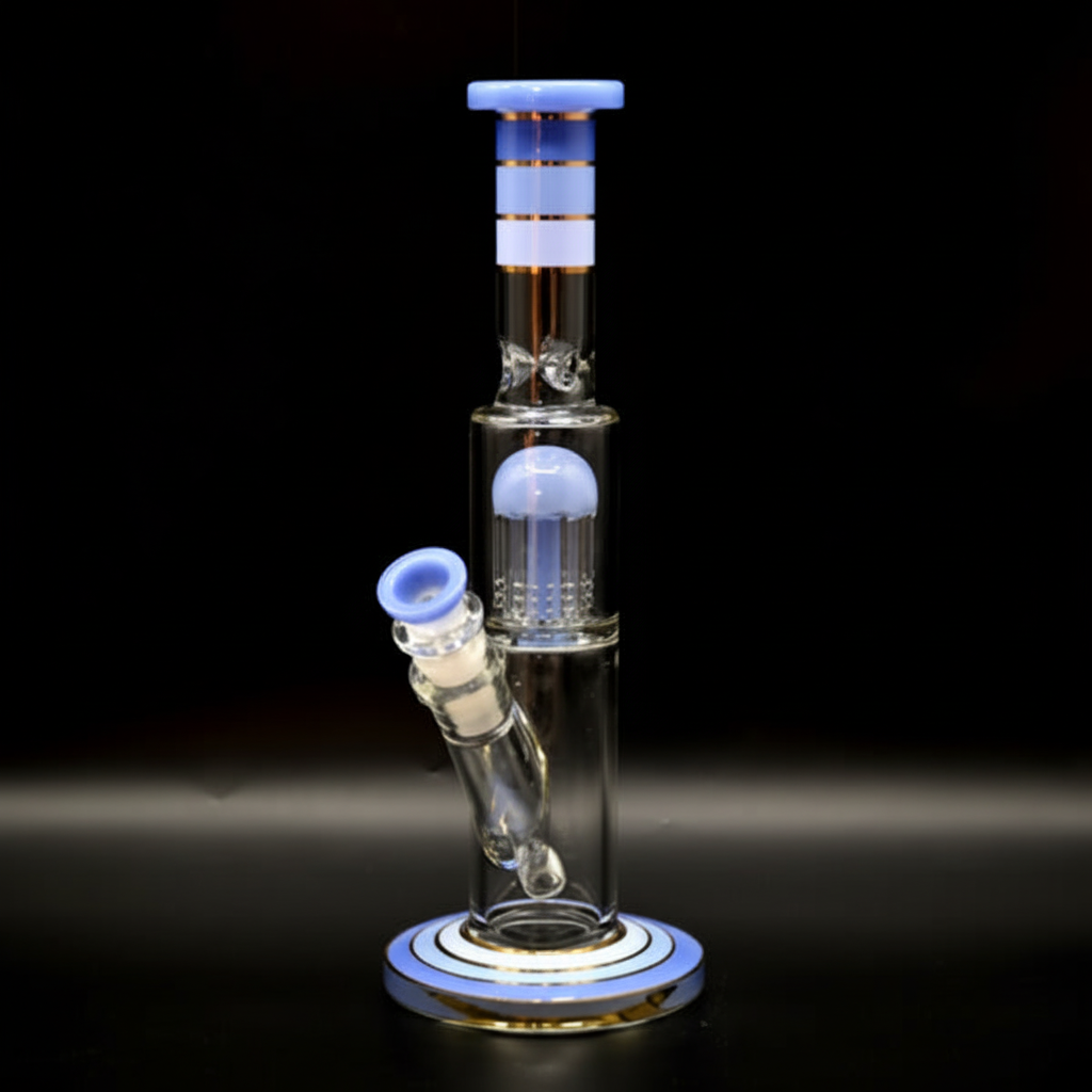 STRAIGHT BONG – Clear with blue jellyfish percolator and stripes – BLUE