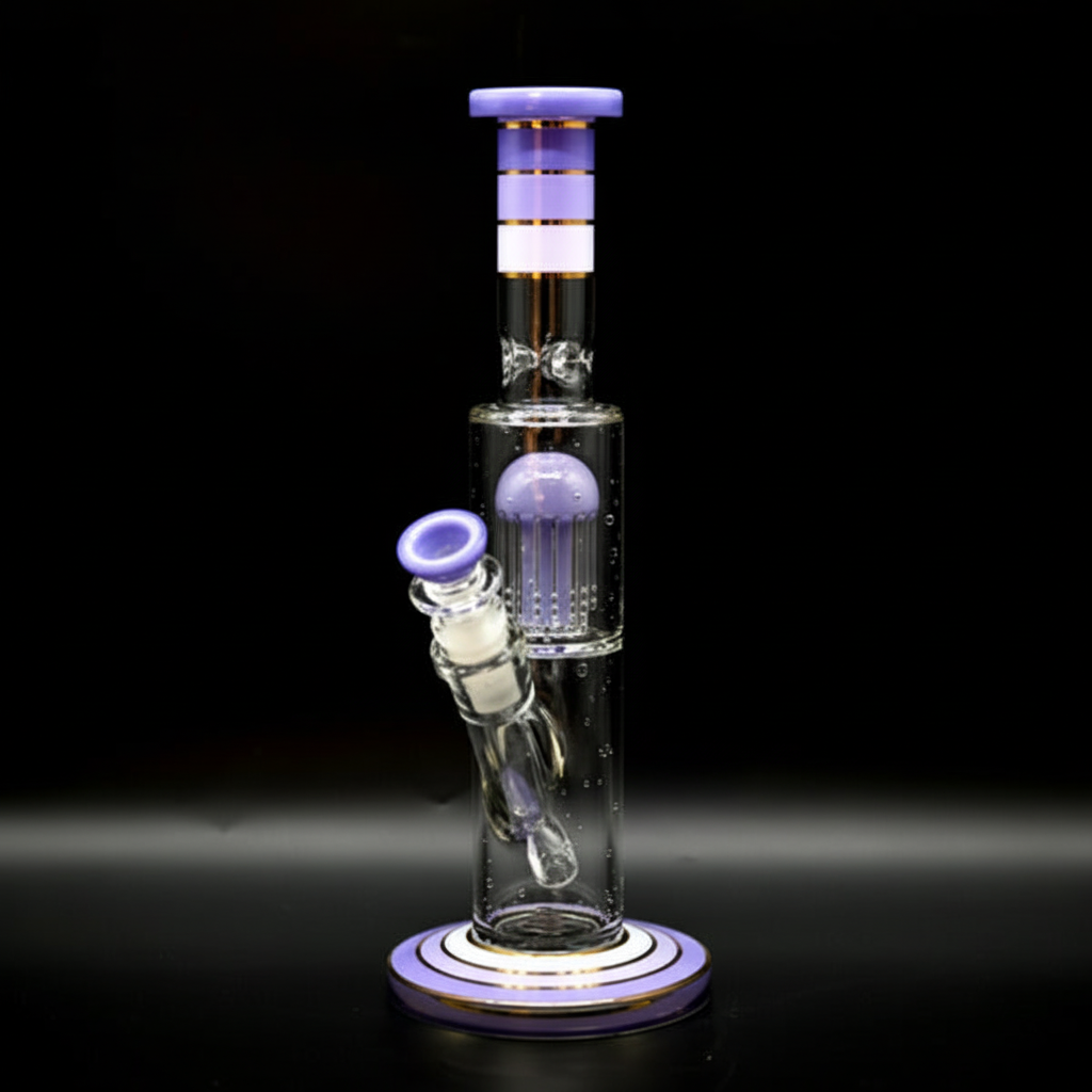 STRAIGHT BONG – Clear with purple jellyfish percolator and stripes – PURPLE