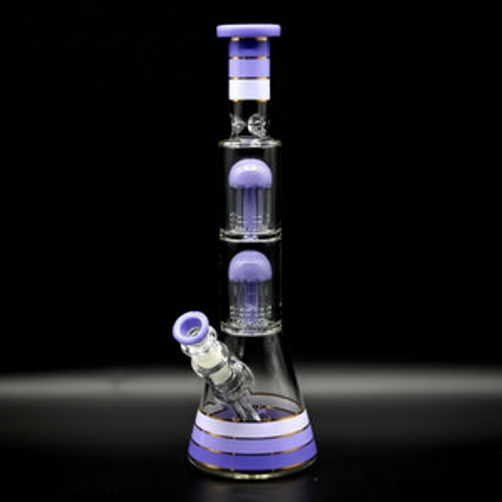 BEAKER BONG – Clear with double purple jellyfish percolators and stripes – PURPLE