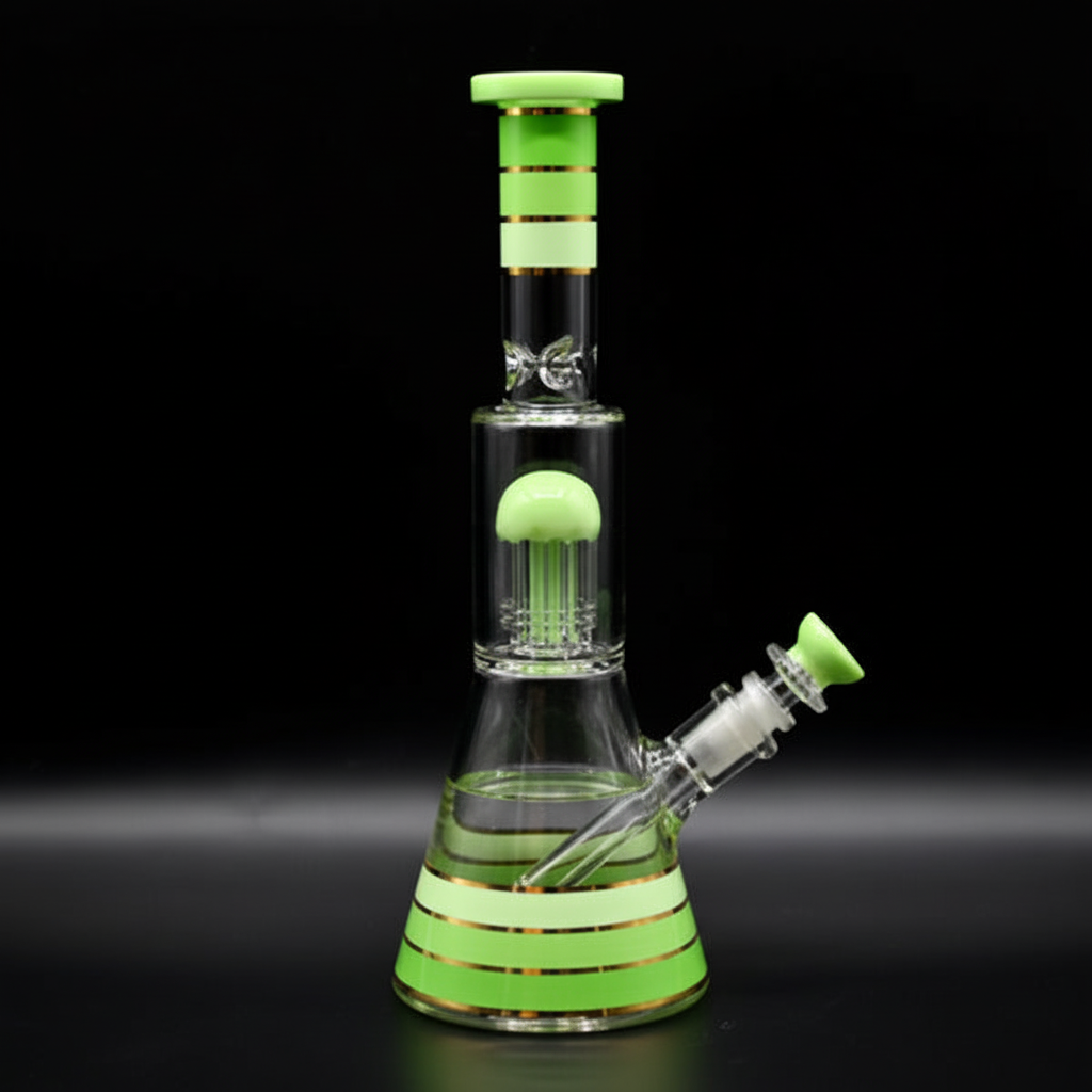 BEAKER BONG – Clear with green stripes and jellyfish percolator – GREEN
