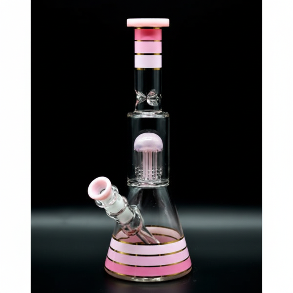 BEAKER BONG – Clear with pink stripes and jellyfish percolator – PINK