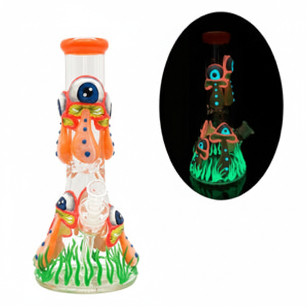BEAKER BONG GITD – Orange one-eyed octopus with seaweed and GITD – ORANGE