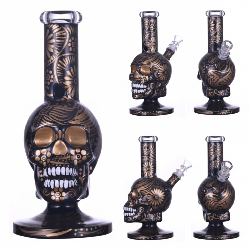 STRAIGHT BONG – Black skull with gold floral – BLACK