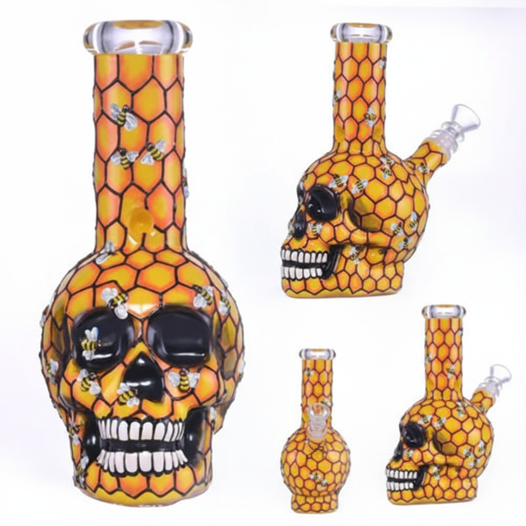 STRAIGHT BONG – Honeycomb skull with bees – YELLOW