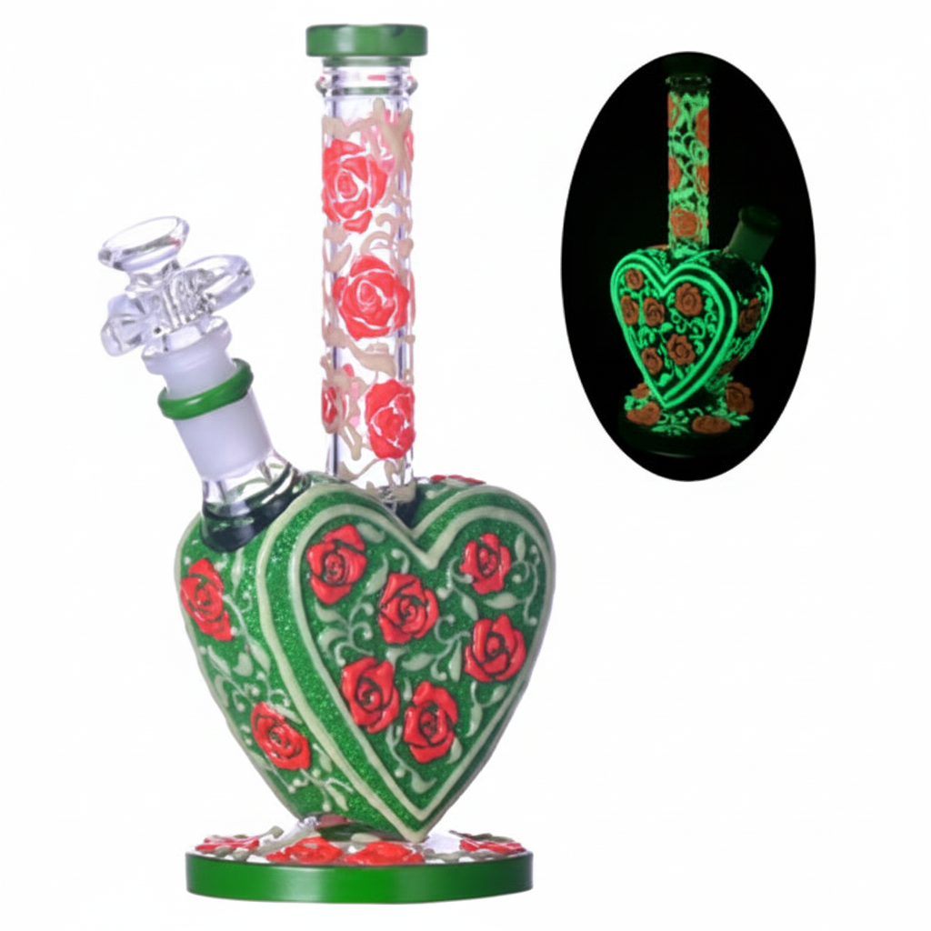 STRAIGHT BONG GITD – Green heart-shaped bong with red roses and glow‑in‑the‑dark – GREEN