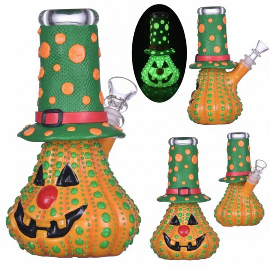 BEAKER BONG GITD – Pumpkin jack-o’-lantern with green polka-dot hat, GITD dots – ORANGE