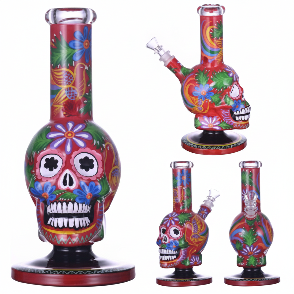STRAIGHT BONG GITD – Red sugar skull with vibrant floral and birds – RED