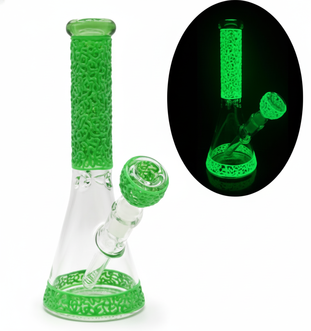 BEAKER BONG GITD – Clear with GITD green textured – GREEN