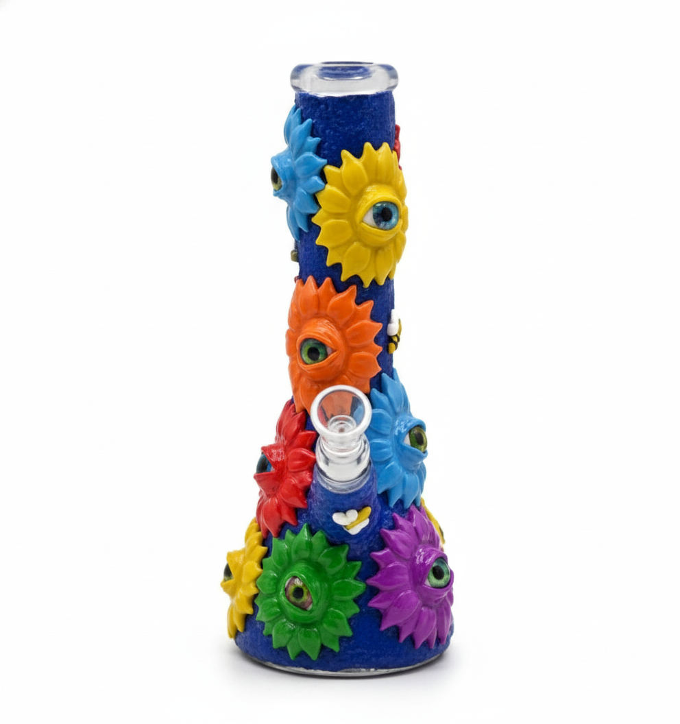 BEAKER BONG – Blue base covered in colourful eye flowers – BLUE