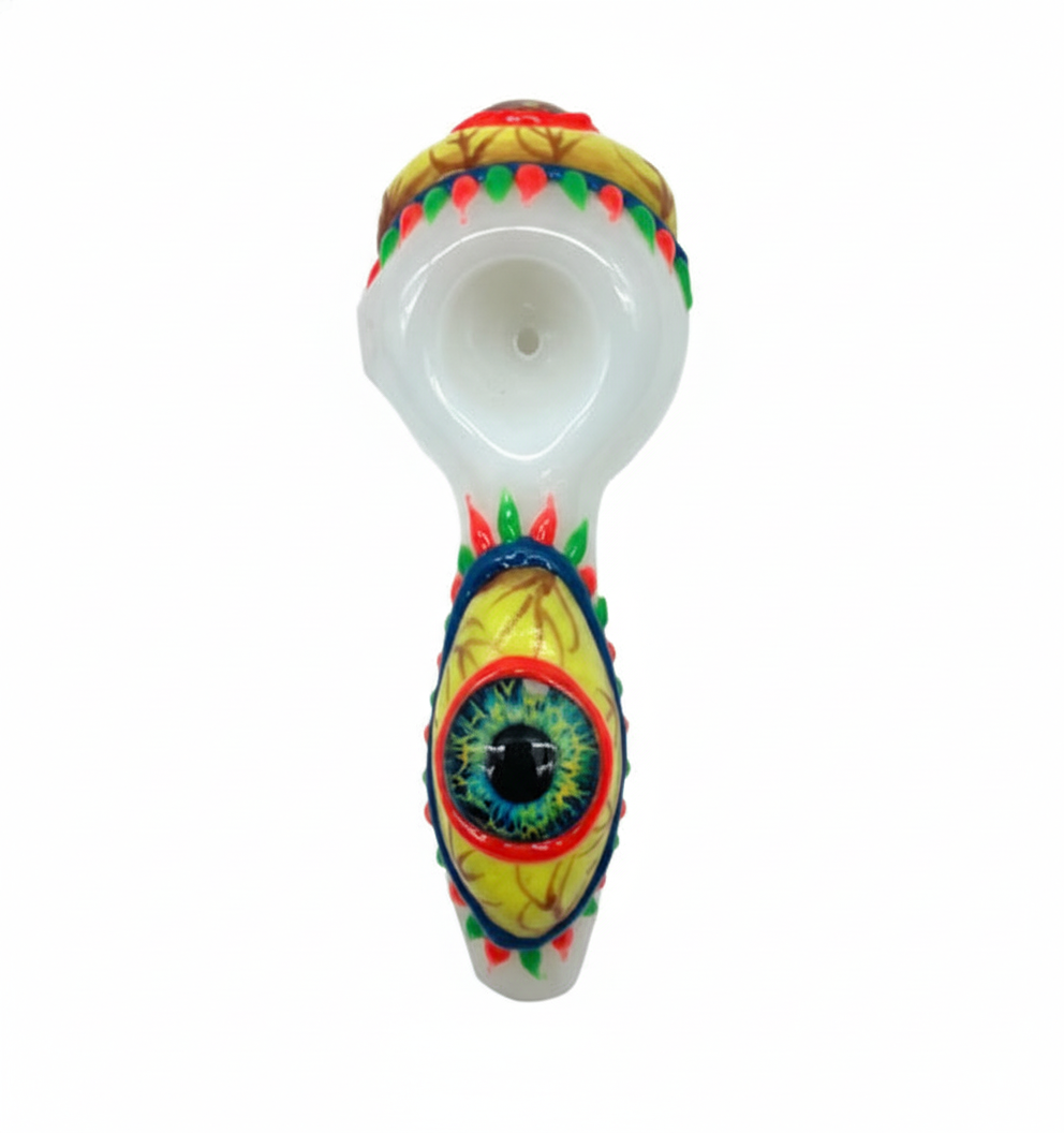 PIPE – White pipe with psychedelic eye and colourful leaves – WHITE