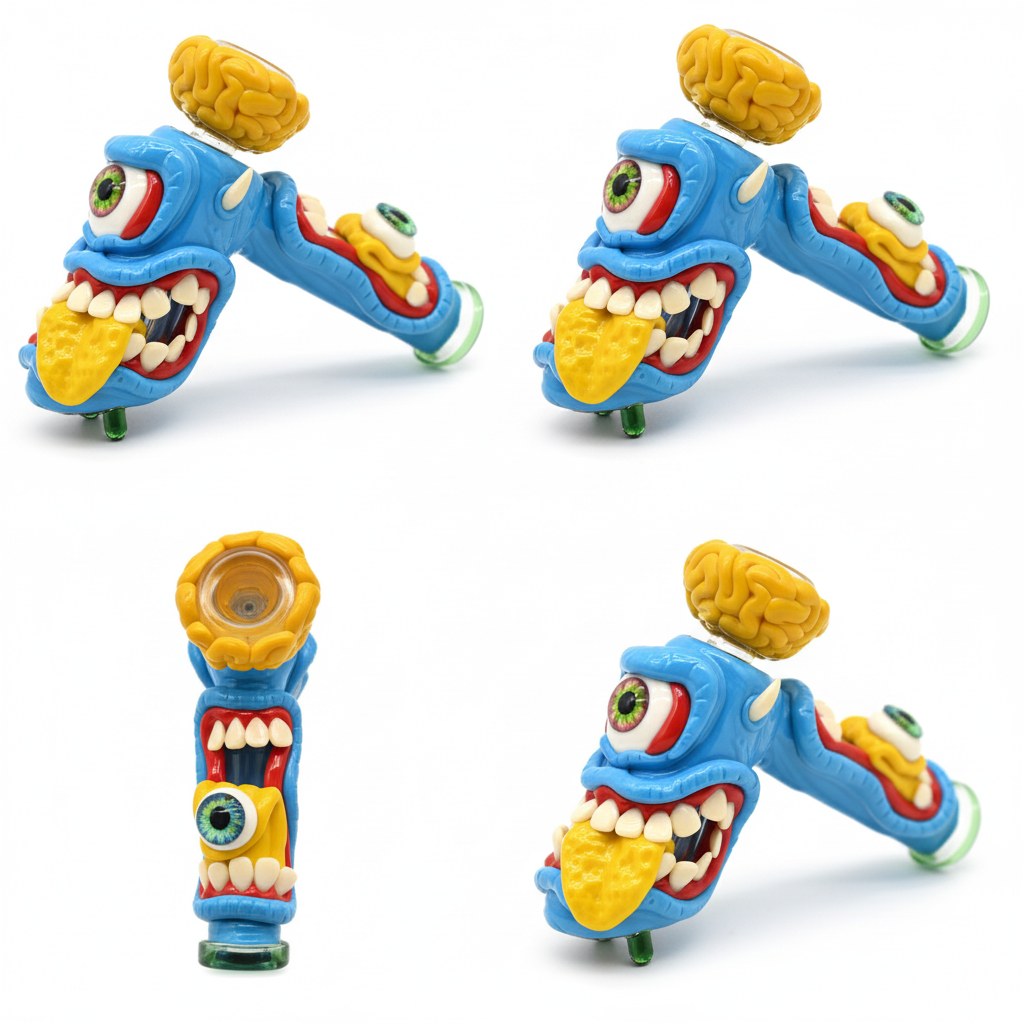 BUBBLER PIPE – Blue one-eyed monster with yellow tongue and brain cap – BLUE