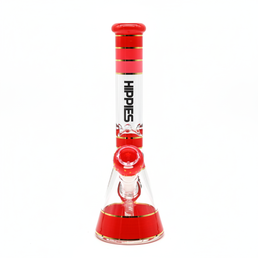 BEAKER BONG – Clear with red and pink stripes and 'HIPPIES' logo – RED