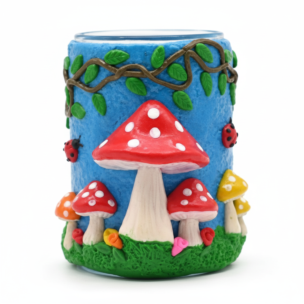 JAR – Blue jar with red and yellow mushrooms, vines and ladybugs – BLUE