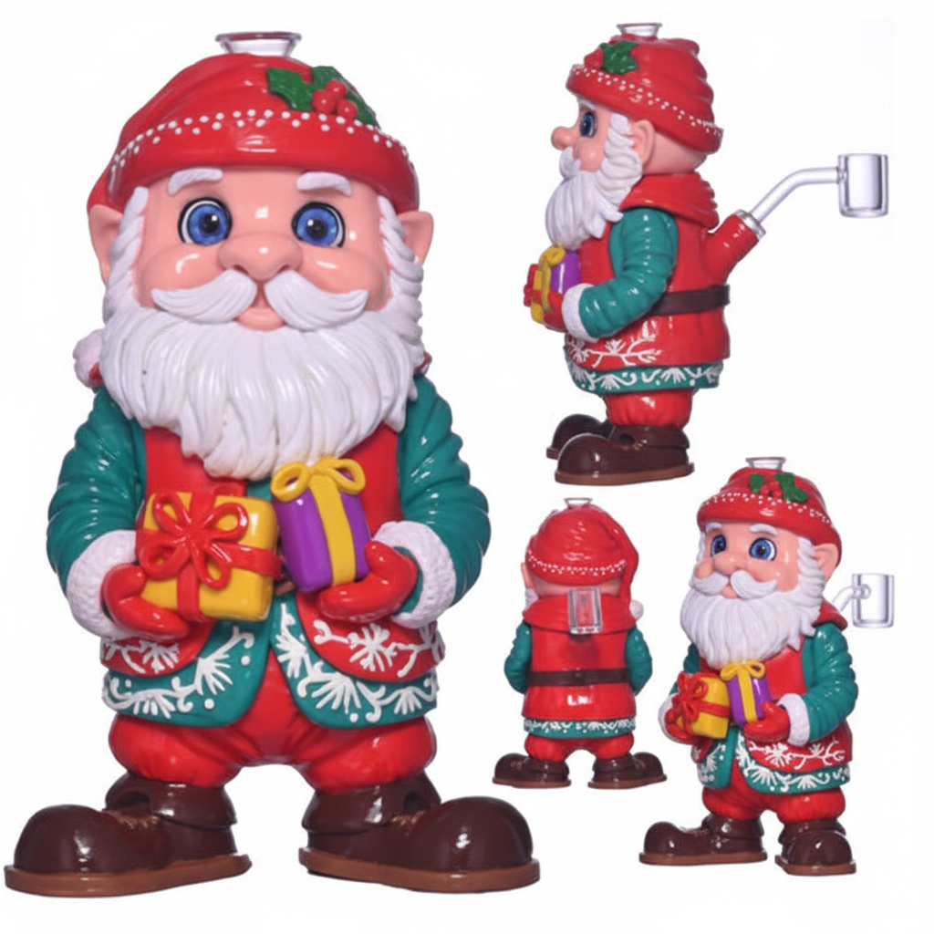 FULL BODY BONG – Santa gnome holding gifts wearing red hat and green coat – RED