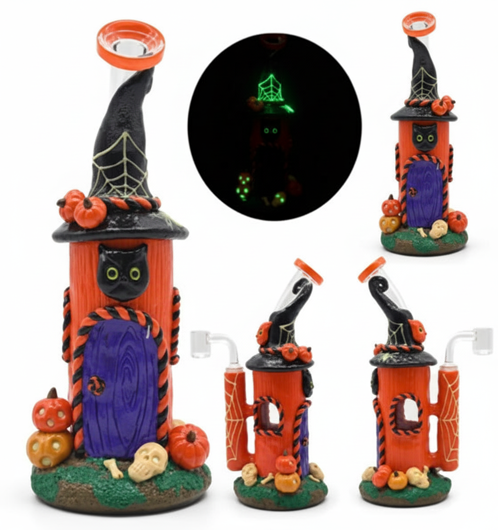 STRAIGHT BONG GITD – Halloween house with witch hat roof, black cat and pumpkins – ORANGE