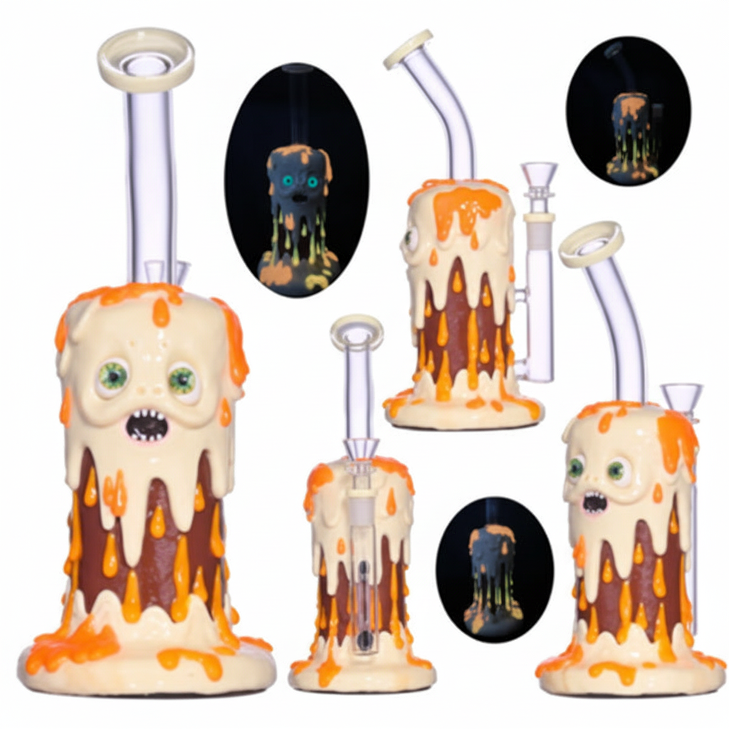 STRAIGHT BONG GITD – Melting candle monster with green eyes and orange drips – CREAM
