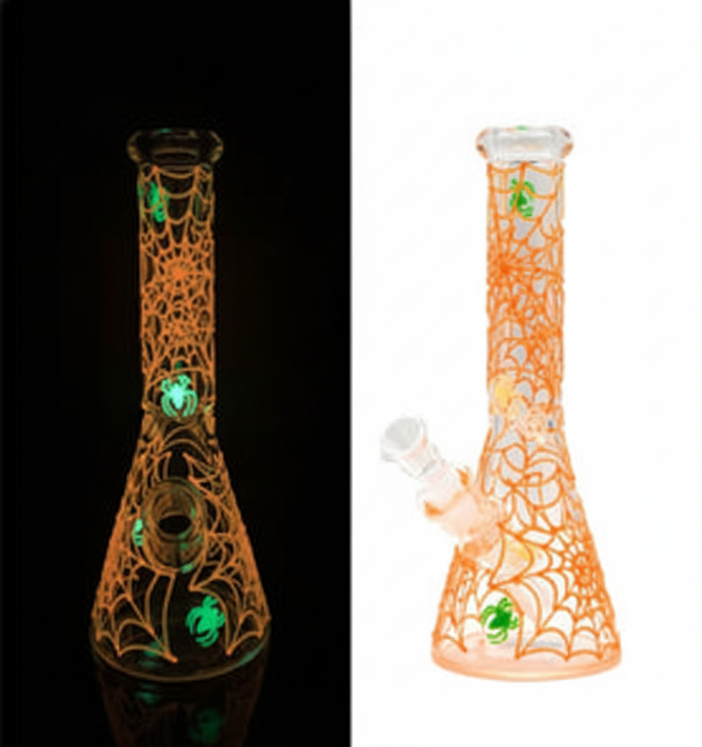 BEAKER BONG GITD – Orange spiderweb with glow‑in‑the‑dark green spiders – ORANGE