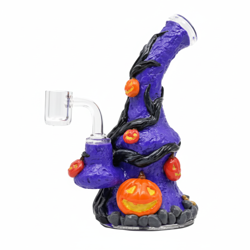 BUBBLER BONG – Purple crooked tree with pumpkins and black vines – PURPLE