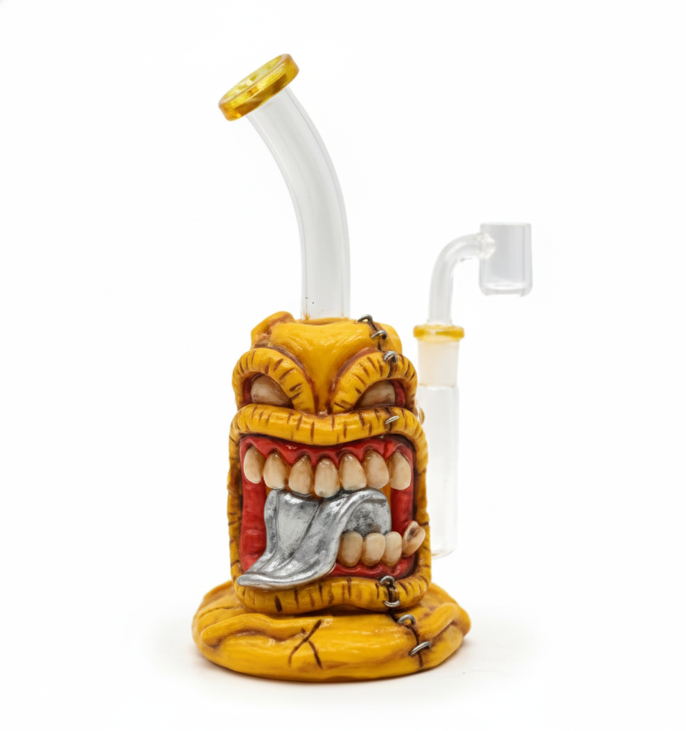 STRAIGHT BONG – Yellow monster head with huge teeth and silver tongue – YELLOW