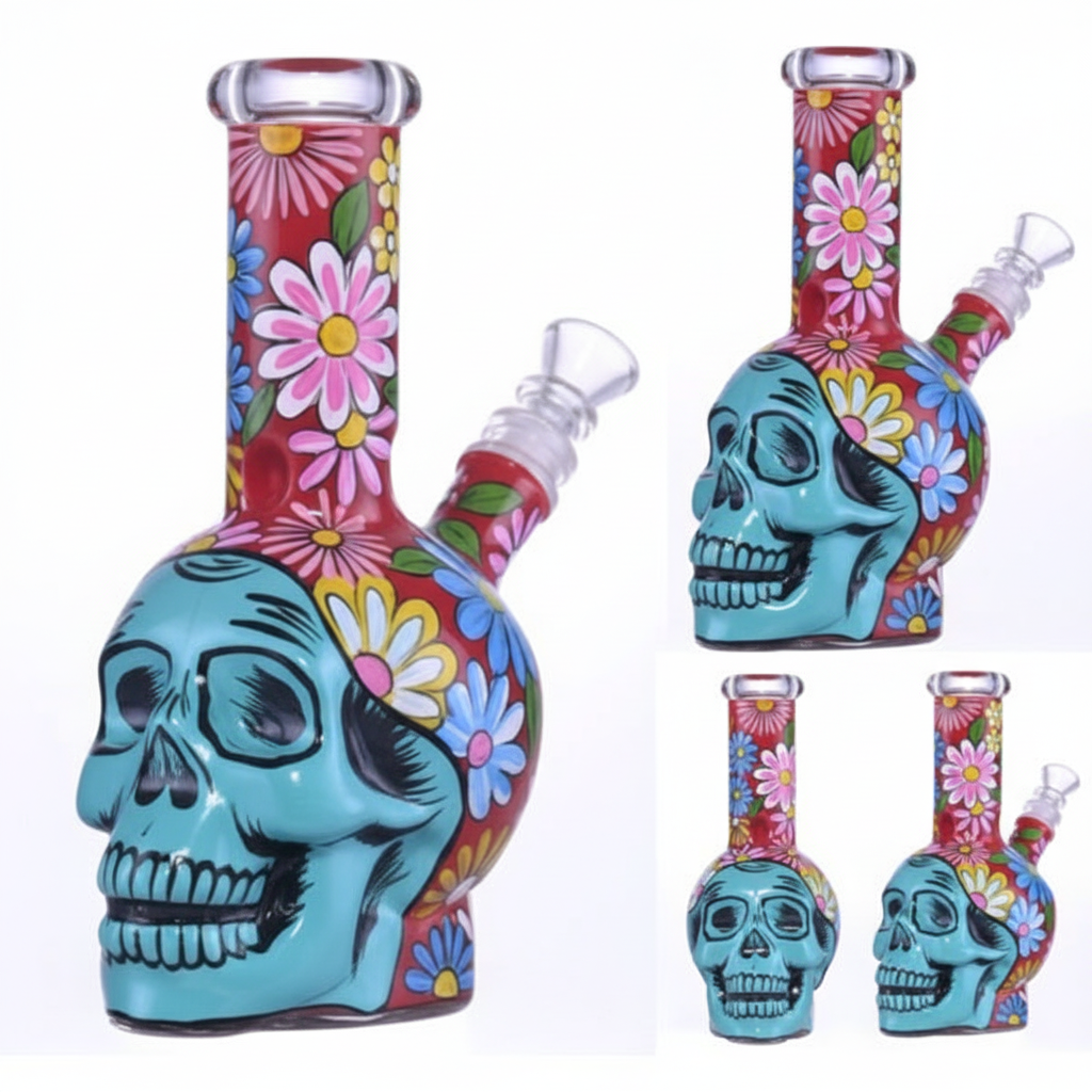 STRAIGHT BONG – Turquoise skull with red body covered in colorful daisies – MULTICOLOR