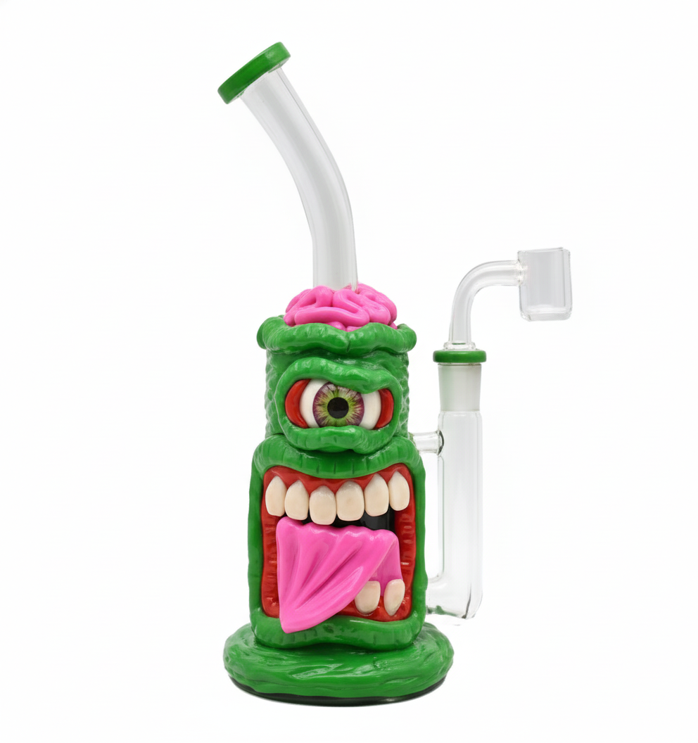 STRAIGHT BONG – Green one‑eyed monster with pink brain and tongue – GREEN
