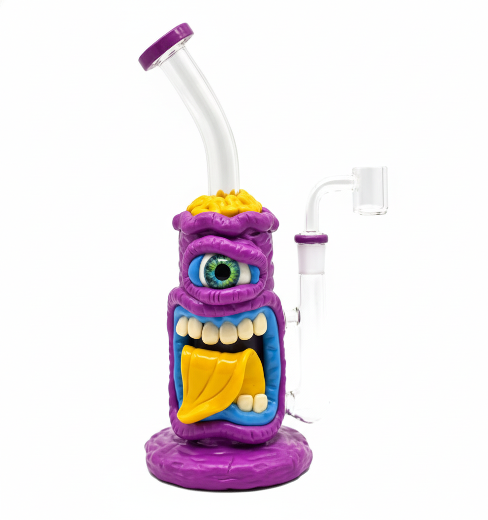 STRAIGHT BONG – Purple one‑eyed monster with yellow hair and big orange tongue – PURPLE