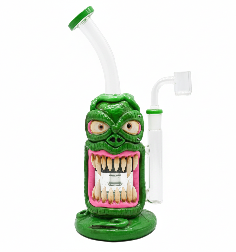 STRAIGHT BONG – Green monster with angry eyes and huge teeth – GREEN