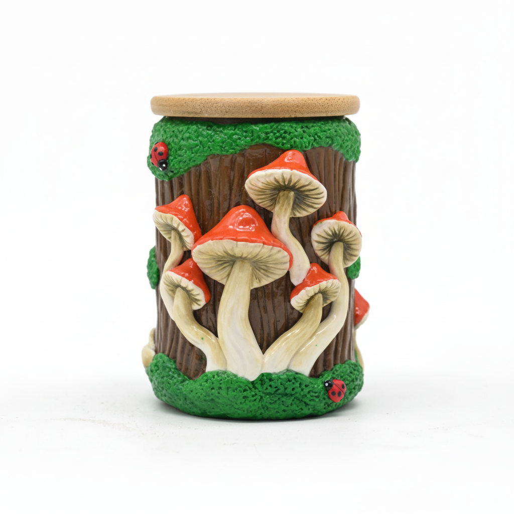 JAR – Tree trunk with red mushrooms, green moss and ladybugs – BROWN