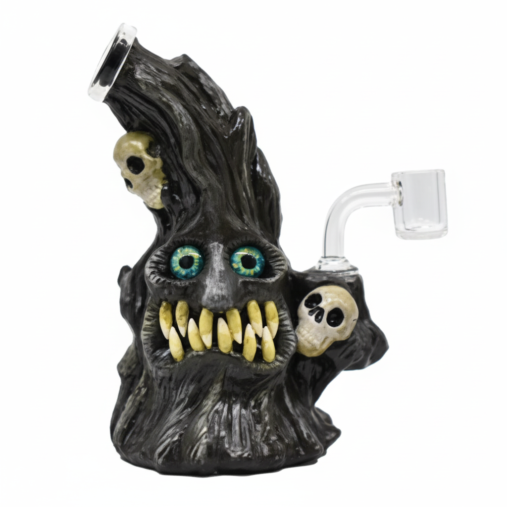 BUBBLER BONG – Dark spooky tree with skulls and green eyes – BLACK