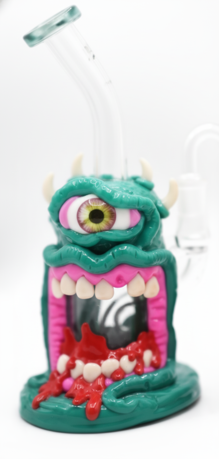 STRAIGHT BONG – Green one‑eyed monster with horns and pink mouth dripping red slime – GREEN