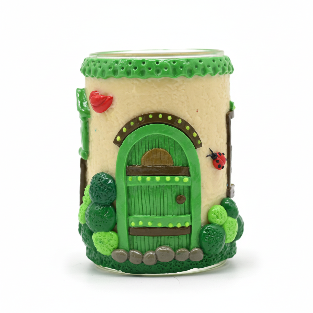 JAR – Beige cottage with green door, ladybug and bushes – GREEN