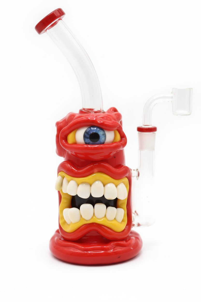 STRAIGHT BONG – Red one‑eyed monster with big teeth and yellow mouth – RED