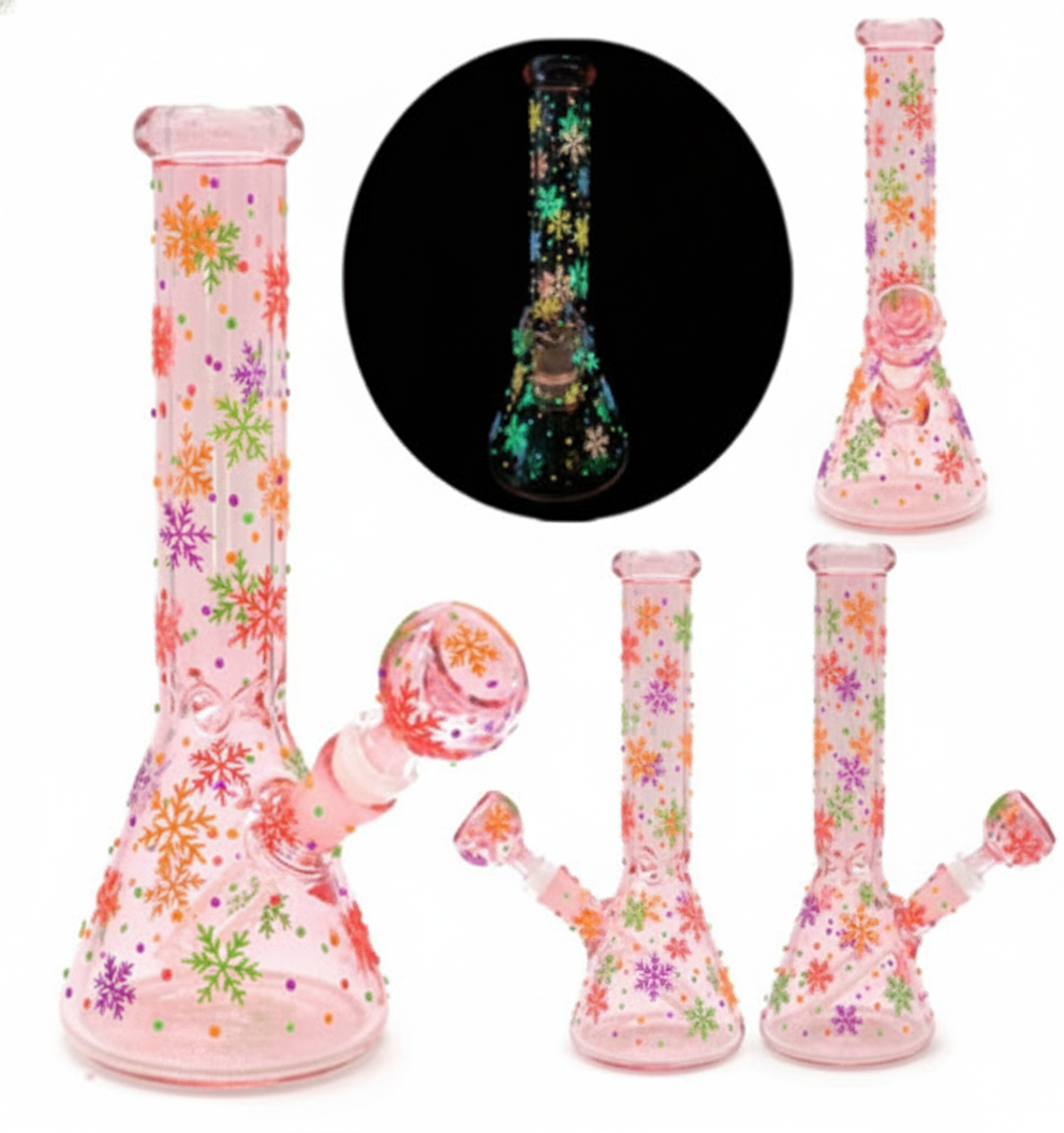 STRAIGHT BONG GITD – Pink with colorful glow‑in‑the‑dark snowflake – PINK