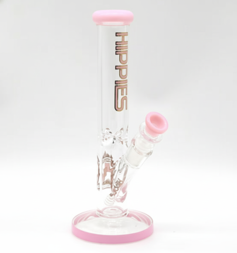 STRAIGHT BONG – Clear with pink and vertical “HIPPIES” logo – PINK