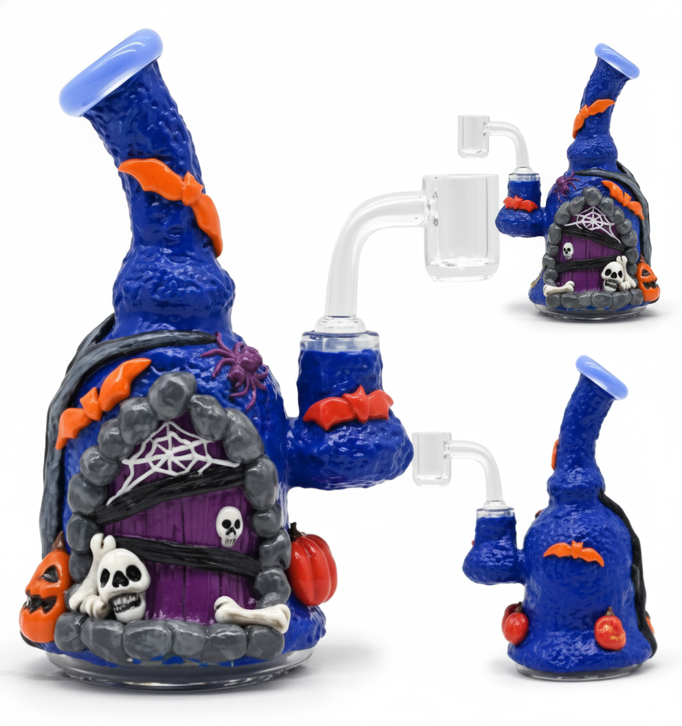 STRAIGHT BONG – Blue haunted house with purple door, skulls and pumpkin – BLUE