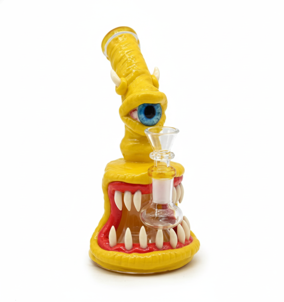 STRAIGHT BONG – Yellow one‑eyed monster with horns and big toothy mouth – YELLOW