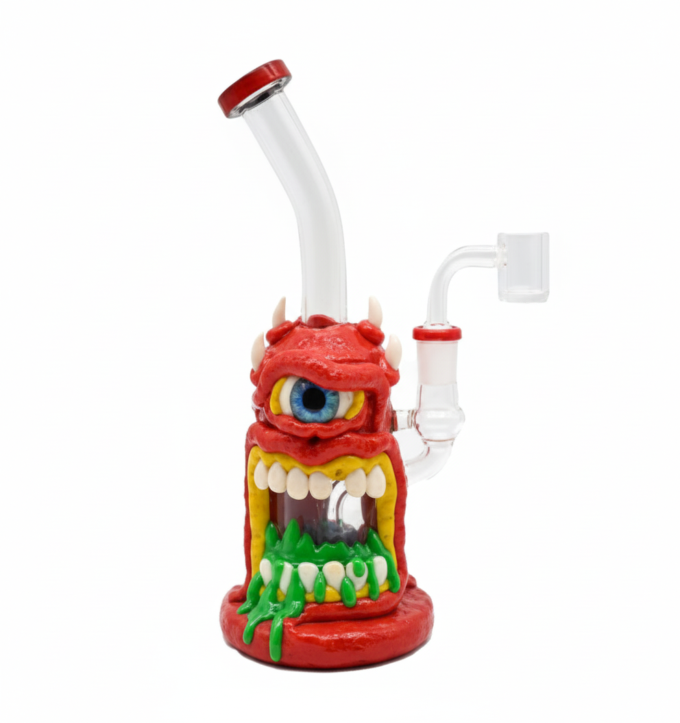 STRAIGHT BONG – Red one‑eyed monster with horns and green slime – RED