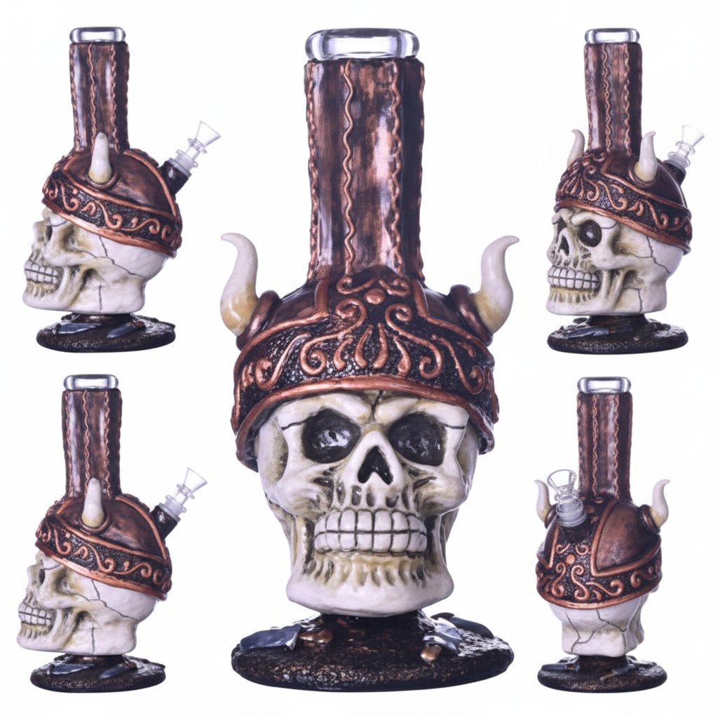 STRAIGHT BONG – Viking skull with bronze horned helmet – BRONZE