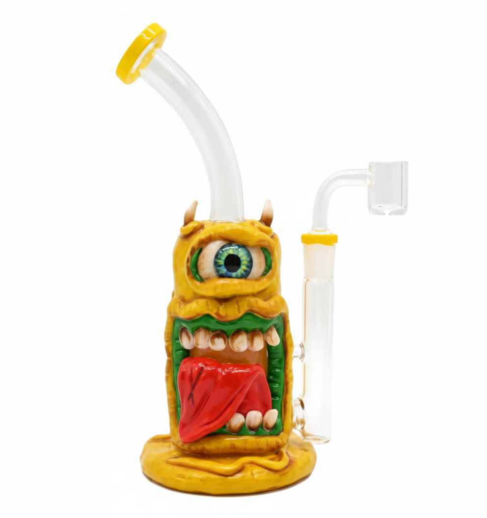 STRAIGHT BONG – Yellow one‑eyed monster with horns and red tongue – YELLOW