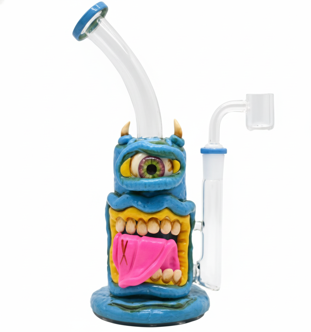 STRAIGHT BONG – Blue one‑eyed monster with horns and pink tongue – BLUE