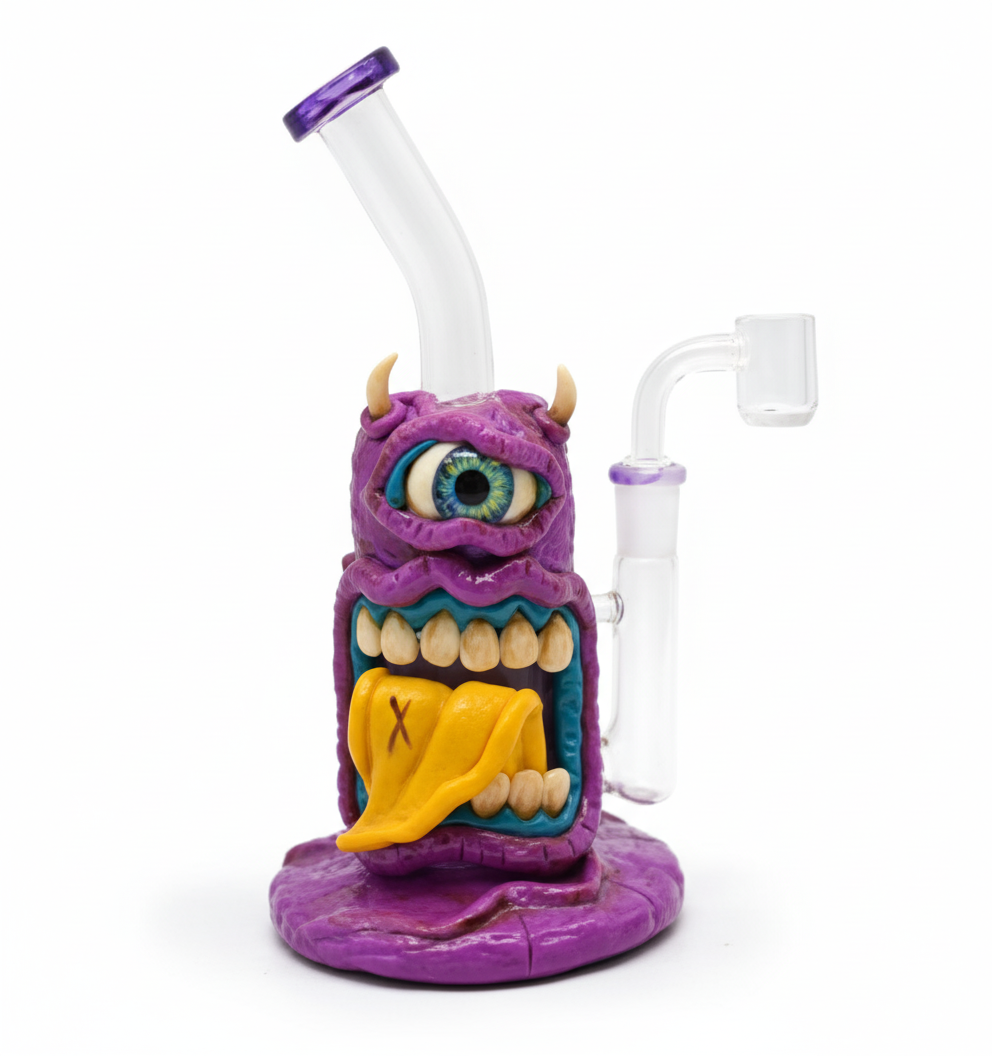 STRAIGHT BONG – Purple one‑eyed monster with horns and yellow tongue – PURPLE