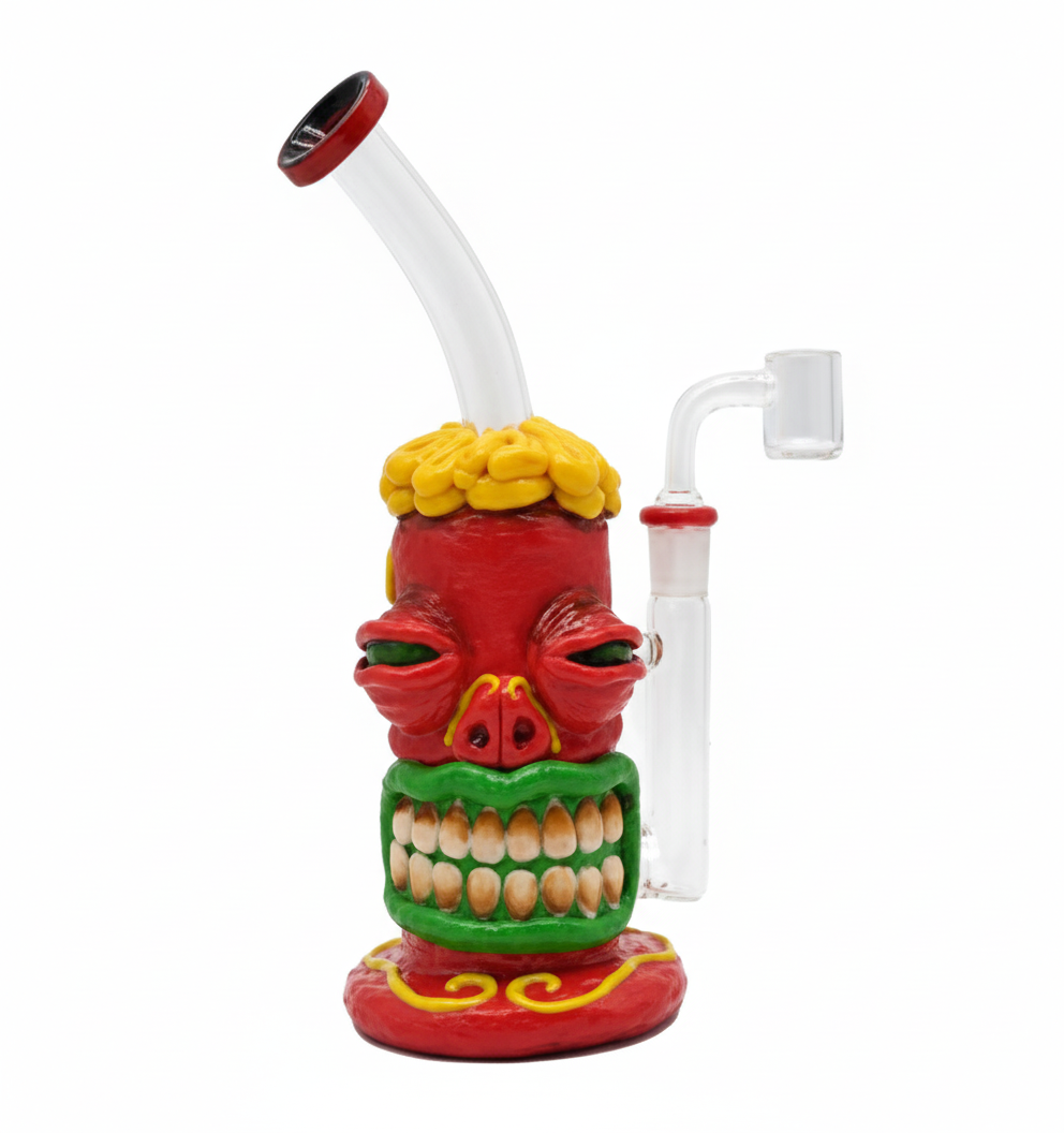 STRAIGHT BONG – Red monster with yellow hair and green mouth full of teeth – RED