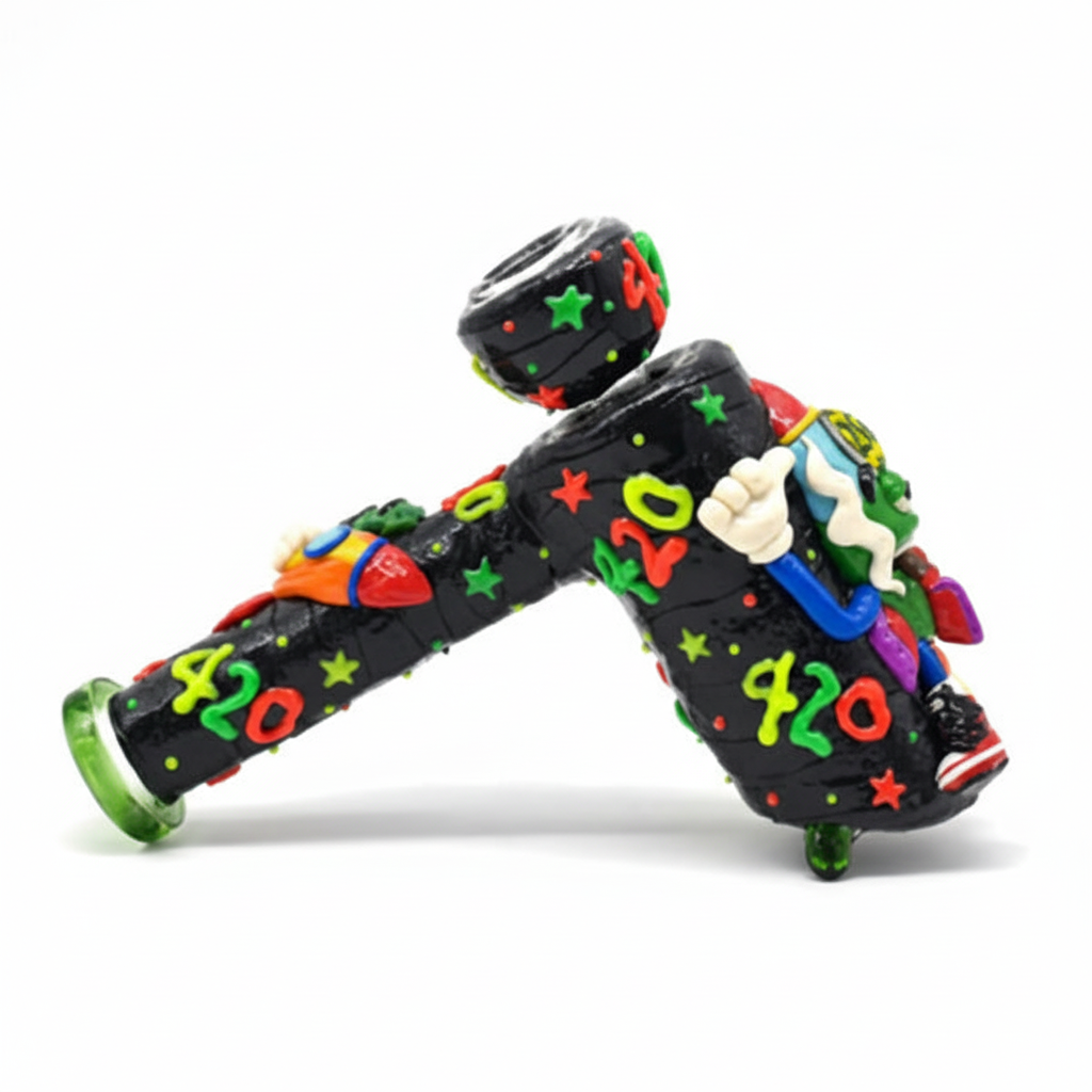 BUBBLER PIPE – Black 420‑themed pipe with colorful stars and alien – MULTICOLOR