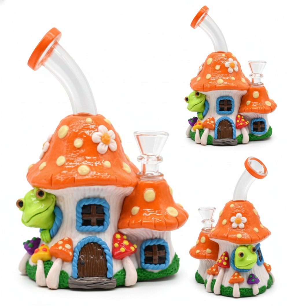 BUBBLER BONG – Orange mushroom cottage with frogs and flowers – ORANGE
