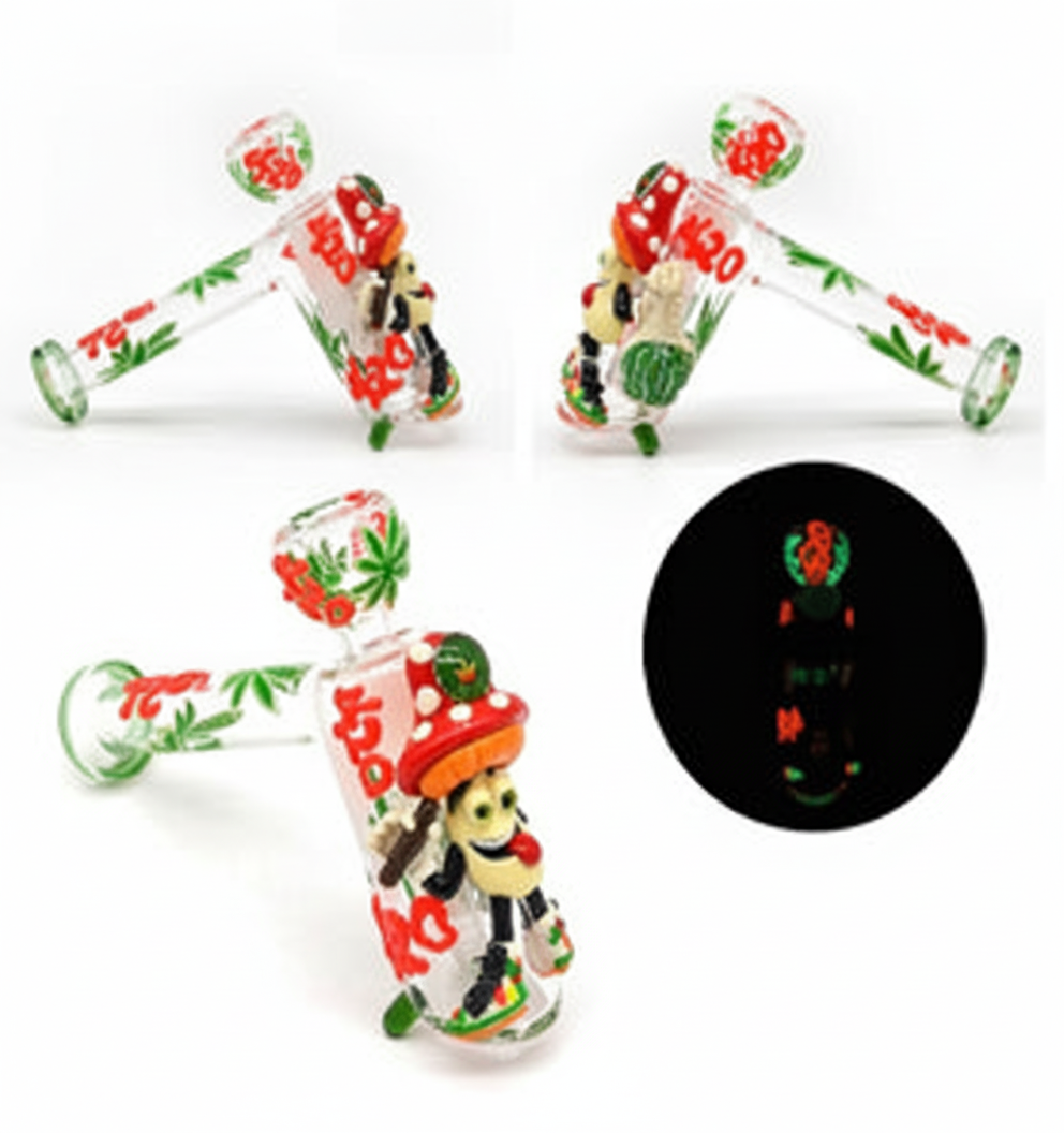 BUBBLER PIPE GITD – Cartoon mushroom man with sombrero, 420 and cannabis leaves – MULTICOLOR