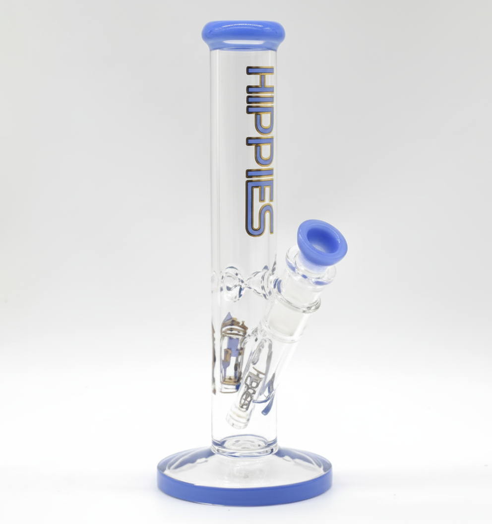 STRAIGHT BONG – Clear with blue and vertical “HIPPIES” logo – BLUE